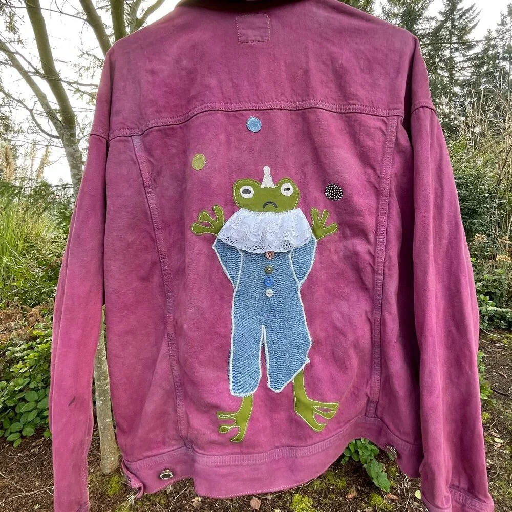 Large Upcycled Juggling Frog Purple Denim Jacket - Picture 1 of 6